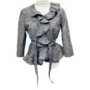 David Brooks Ruffle Blazer Gray Chambray Medium Waist Tie One Button Womens